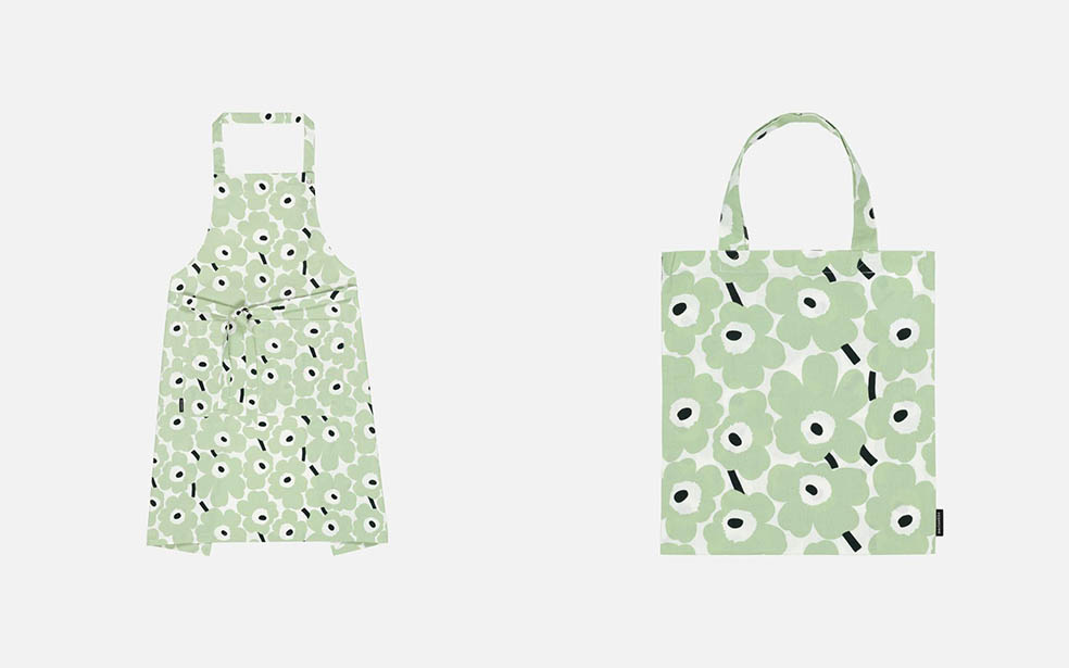 LifTe北欧の暮らし フィンランドのブランド marimekko(マリメッコ)の新作ホームコレクションはアイスグリーンのウニッコ 日本限定 エプロンファブリックバッグ 