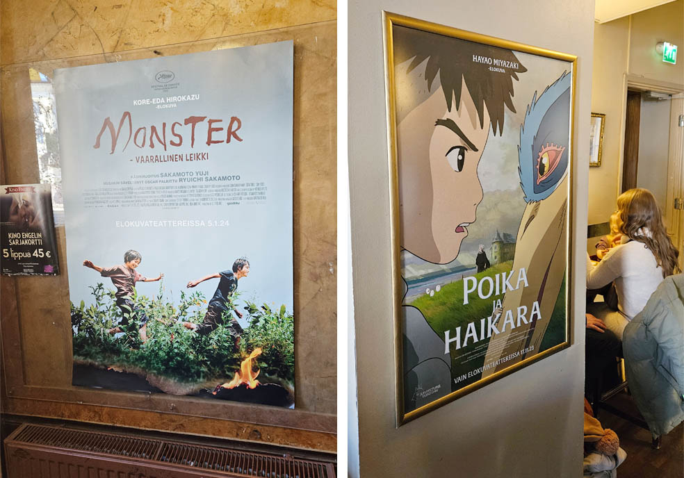 LifTe北欧の暮らし フィンランド 編集部が2024年冬の北欧出張で訪れたヘルシンキのカフェエンゲルで掲出されてたポスター「君たちはどう生きるのか」と「怪物」のポスター