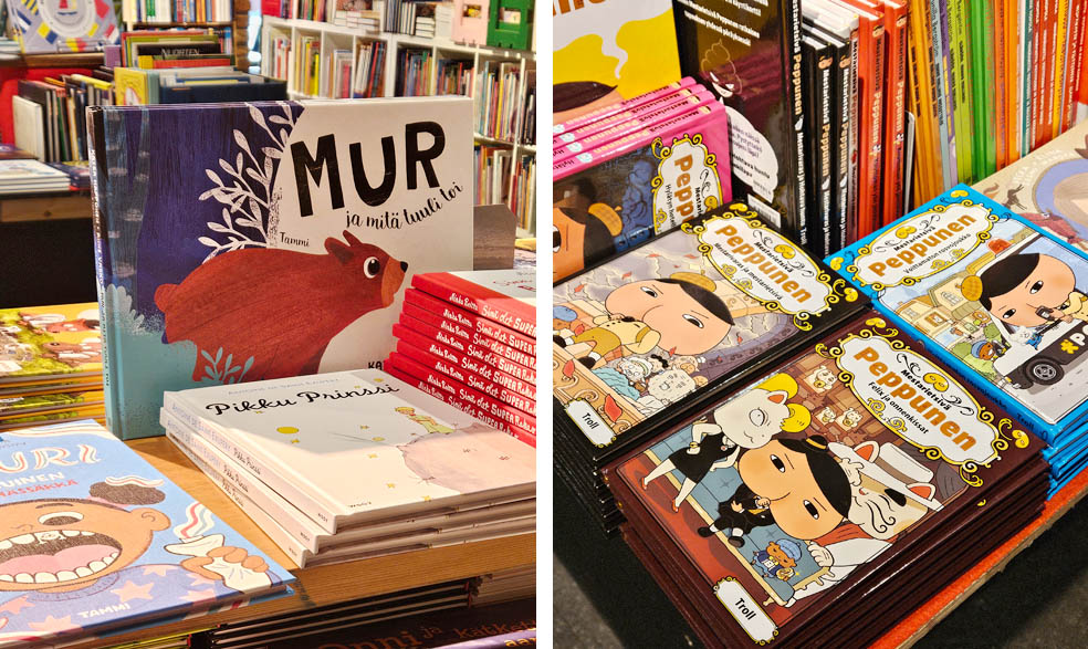 LifTe北欧の暮らし 編集部が2024年冬の北欧出張で訪れたフィンランドのヘルシンキにある独立系チェーンの書店「ローズバッド」で販売されていた熊のムルシリーズとおしり探偵
