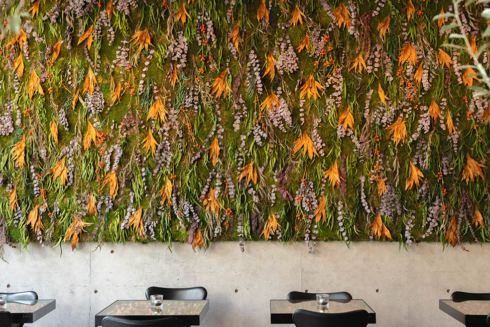 デンマーク出身のフラワーアーティスト ニコライ・バーグマンが手がける「ニコライ バーグマン ノム 青山」の店内に飾られているグリーンウォール