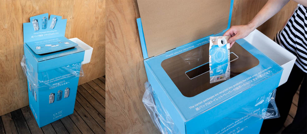 LifTe北欧の暮らし スウェーデンを代表する企業の一つテトラパックが大阪・関西万博の北欧パビリオンで展開している紙容器入りのボトルドウォーターは回収できる仕組み