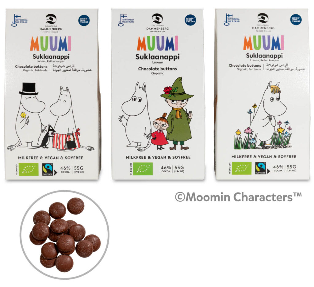 LifTe北欧の暮らし フィンランドの家族経営で作られるチョコレートブランド「DAMMENBERG(ダンメンベルグ)」から発売されるムーミンデザインのオーガニックチョコレート 有機ボタンチョコレート カカオ46％