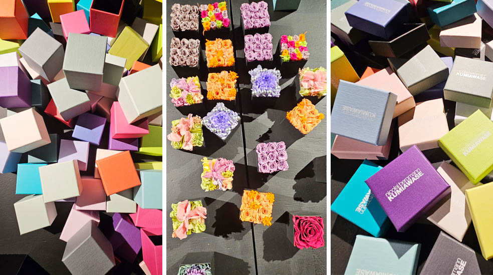 LifTe北欧の暮らし デンマーク出身のフラワーアーティスト ニコライ・バーグマンがフラワーボックス生誕25周年を記念して開催している特別展「KUMIAWASE -25年の軌跡を、25のフラワーアートと組み合わせで紡ぐ5日間-」の2F物販コーナーで購入できるミニフラワーボックス