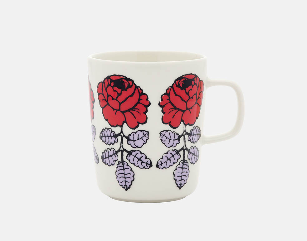 LifTe北欧の暮らし フィンランドのマリメッコ(marimekko)が6月2日から先行発売を開始するマイヤ・イソラがデザインしたレッド×ライラックの「Vihkiruusu(ヴィヒキルース/ウエディング・ローズ)」【Vihkiruusu】 2.5dl マグカップ